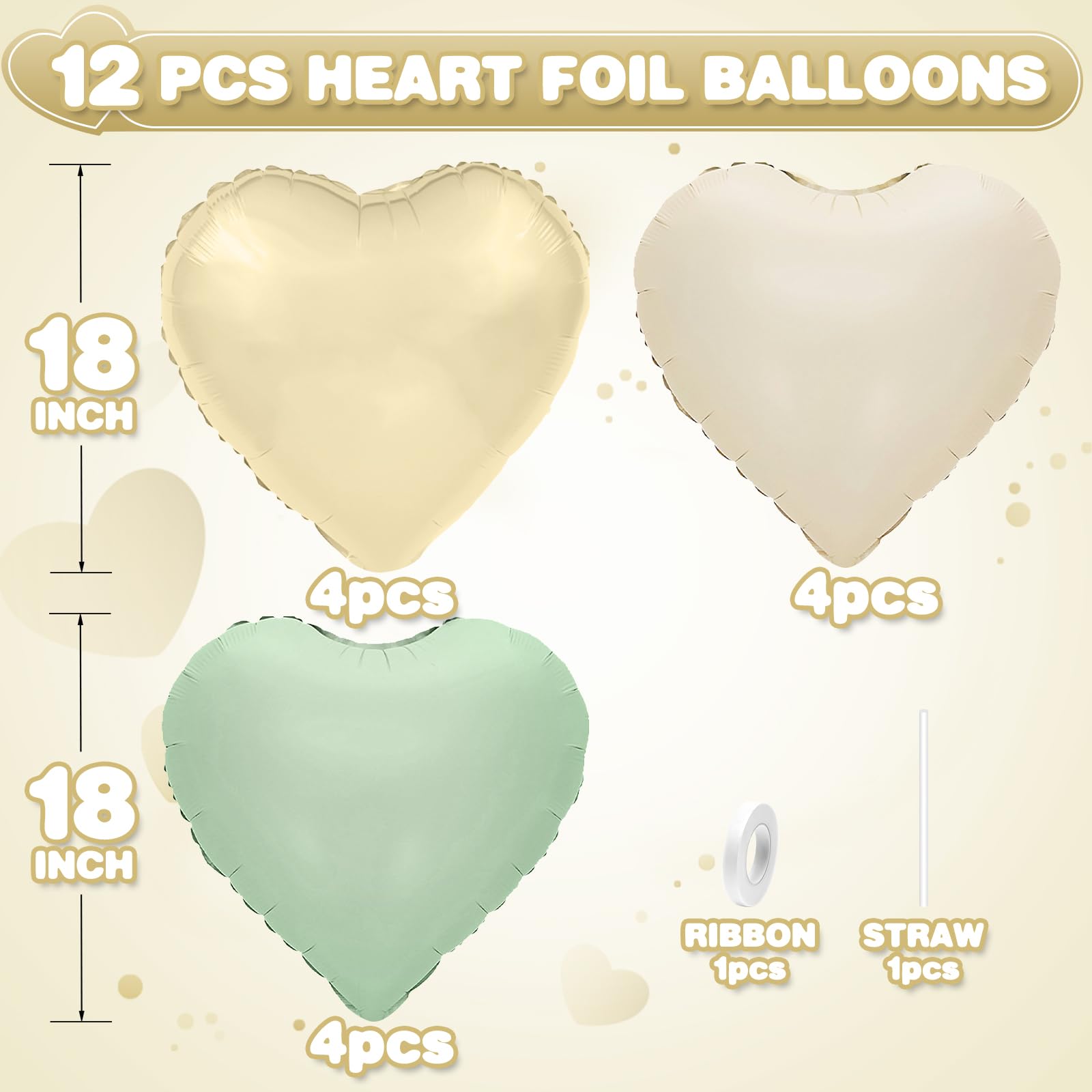 Adorely Sage Green Gold Heart Balloons – 12pc Foil Hearts, 18in Cream White