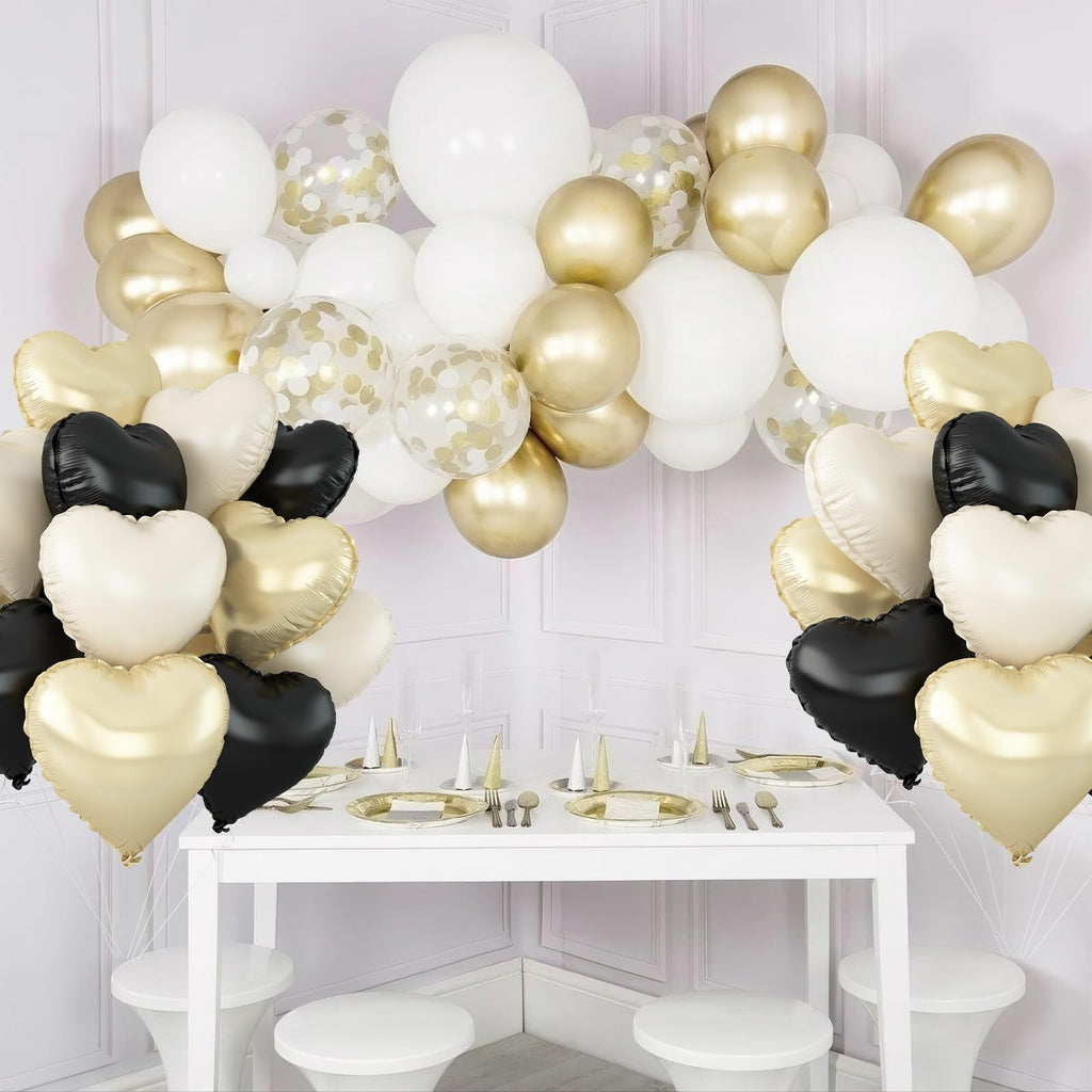 Adorely Black White Gold Heart Balloons – 12 Pcs, 18in Foil Hearts for Parties