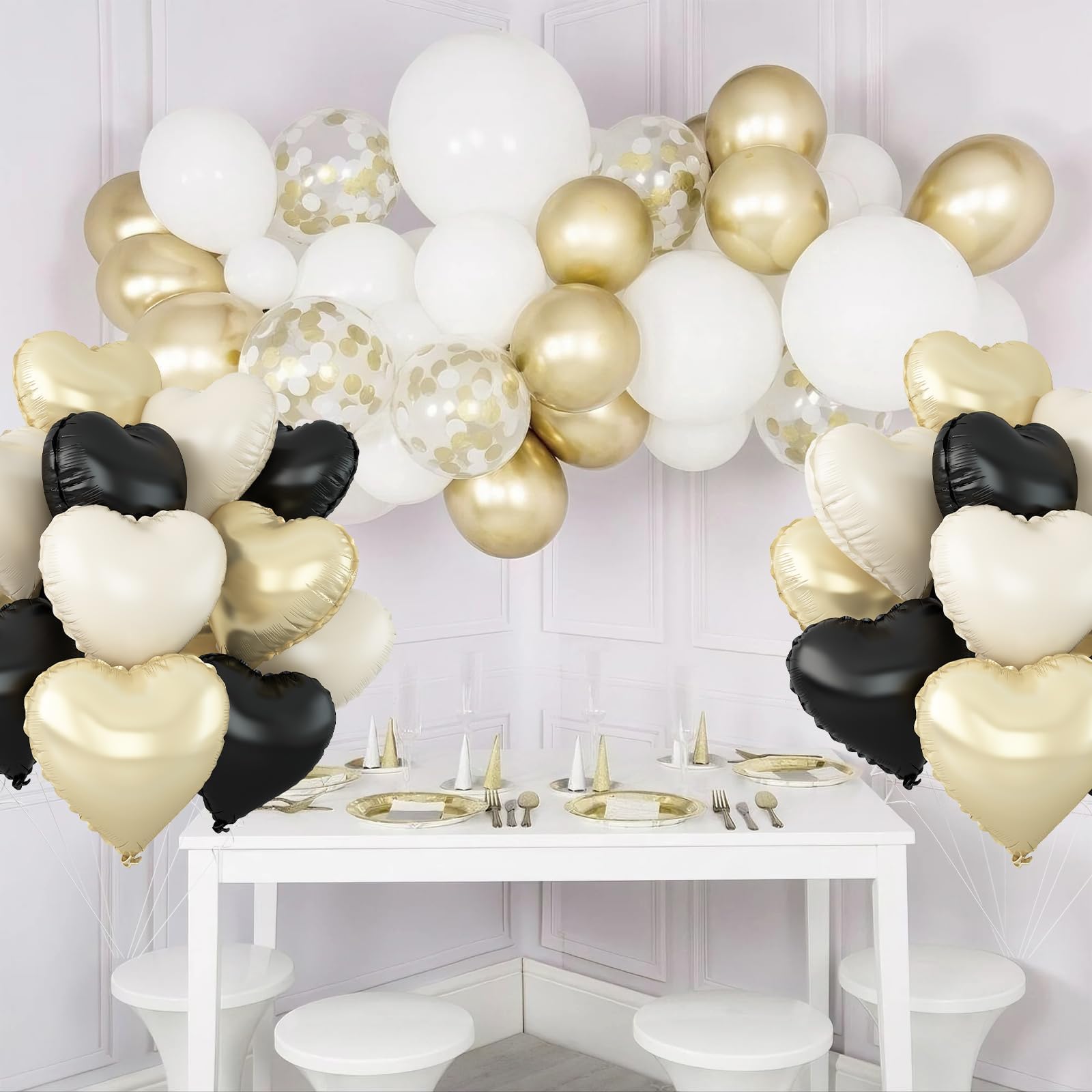 Adorely Black White Gold Heart Balloons – 12 Pcs, 18in Foil Hearts for Parties