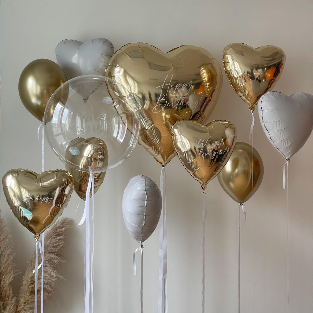 Adorely Cream White Heart Balloons – 12pc Beige Gold Foil Hearts, 18-Inch Boho Party Decor