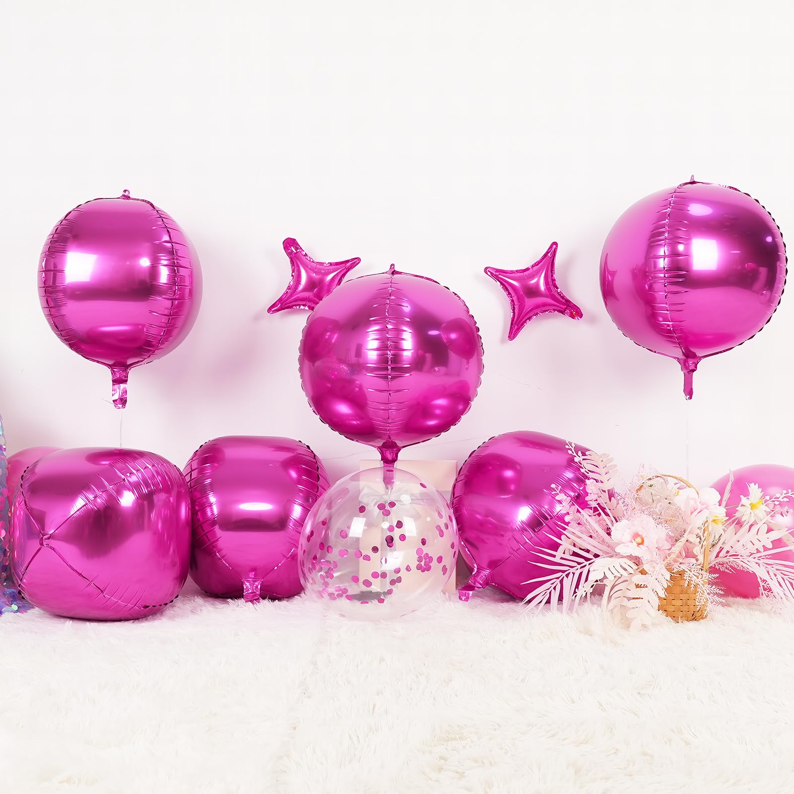 Adorely 6Pcs Hot Pink Round Foil Balloons – 22in Giant 4D Balloons for Party Decor