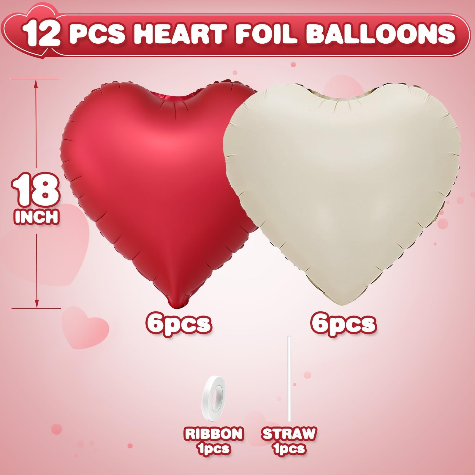 Adorely Red & Cream White Heart Balloons – 12Pcs 18-Inch Metallic Foil Hearts for Parties
