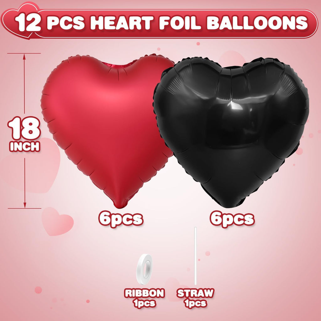 Adorely Black & Metallic Red Heart Foil Balloons – 12pc, 18-Inch for Weddings, Birthdays, Valentines Day