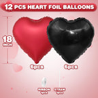 Adorely Black & Metallic Red Heart Foil Balloons – 12pc, 18-Inch for Weddings, Birthdays, Valentines Day