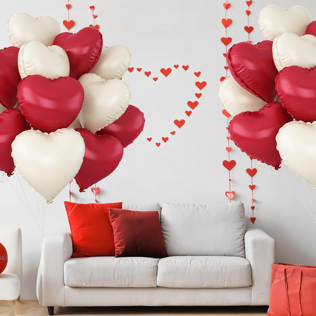 Adorely Red & Cream White Heart Balloons – 12Pcs 18-Inch Metallic Foil Hearts for Parties