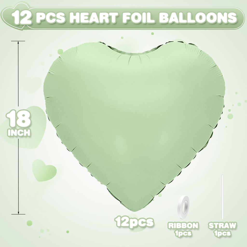 Adorely Sage Green Heart Balloons – 12-Pack 18-Inch Olive Green Foil Balloons for Baby Showers, Weddings & Parties