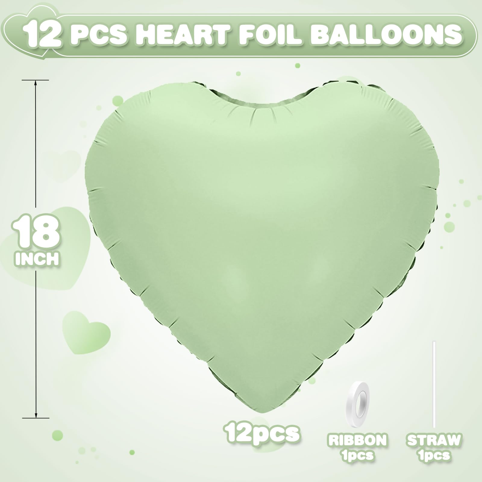 Adorely Sage Green Heart Balloons – 12-Pack 18-Inch Olive Green Foil Balloons for Baby Showers, Weddings & Parties