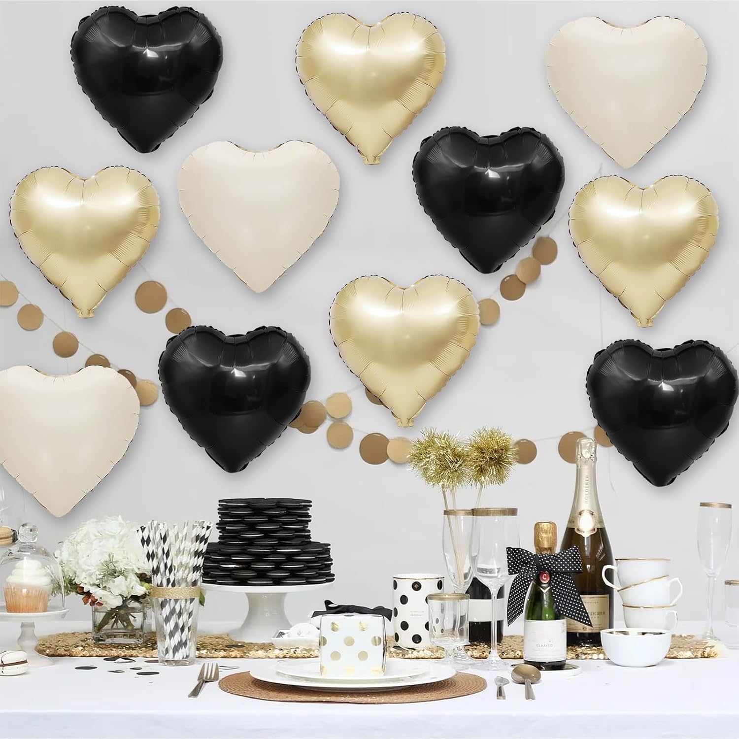 Adorely Black White Gold Heart Balloons – 12 Pcs, 18in Foil Hearts for Parties