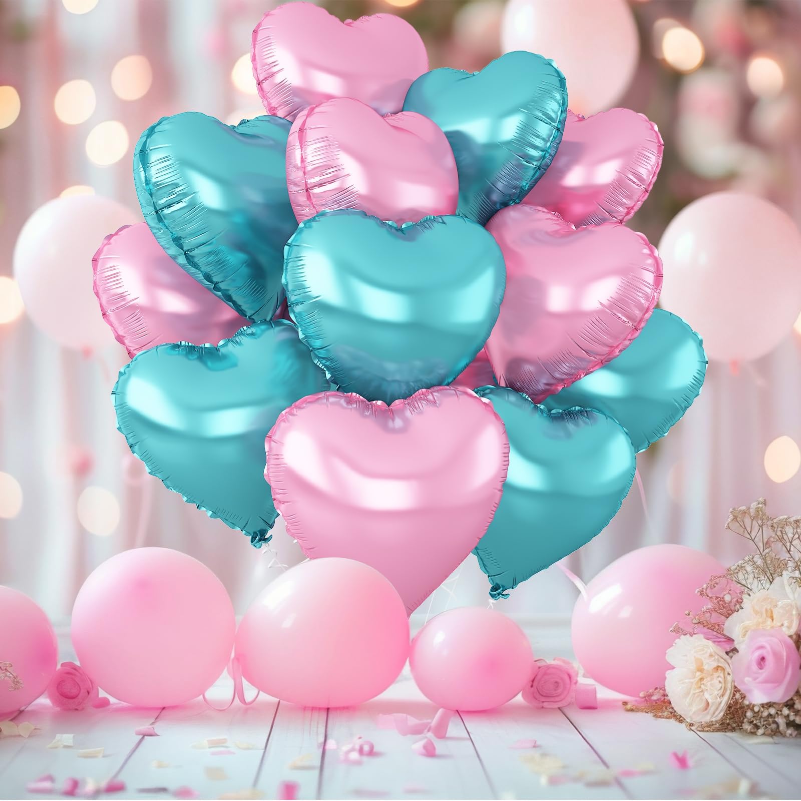 Adorely Pink & Teal Heart Foil Balloons – 18in Heart Balloons for Mermaid Birthday, Baby Shower & Party Decor