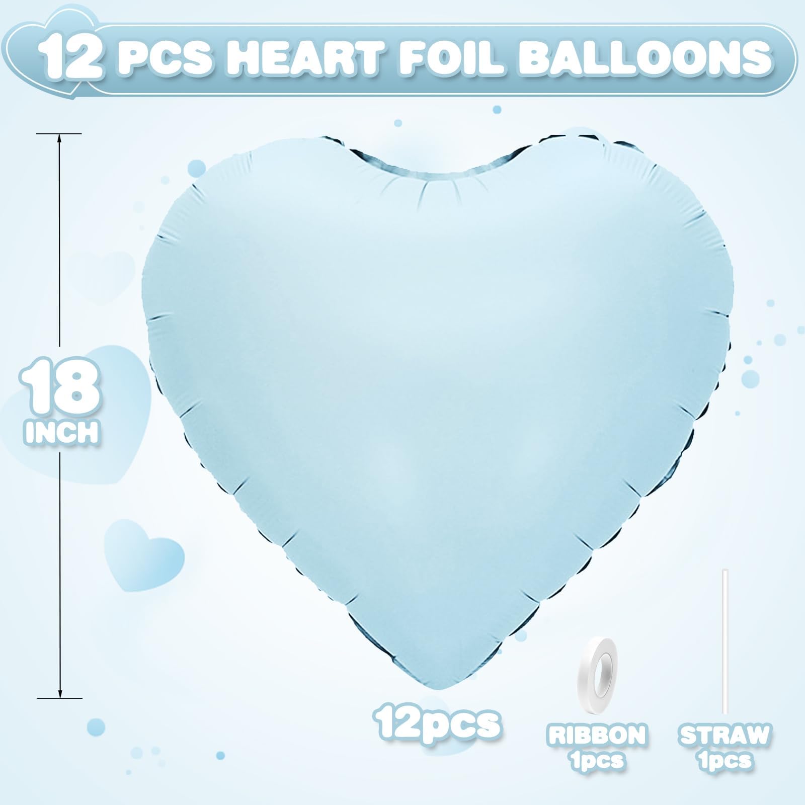 Adorely Baby Blue Heart Balloons – 12Pcs, 18 Inch Pastel Foil Balloons for Baby Showers & Parties