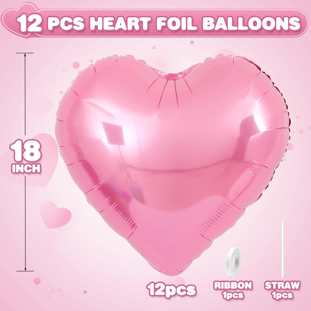 Adorely Pink Heart Balloons – 12pc 18-Inch Pearl Pink Foil Balloons for Parties