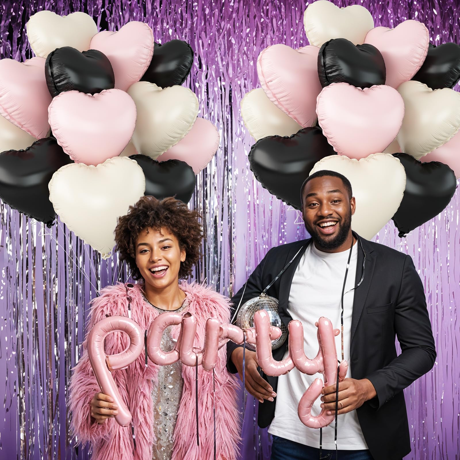 Adorely Black Pink White Heart Balloons – 12pc, 18in Foil Heart Balloons for Baby Showers, Birthdays, Weddings