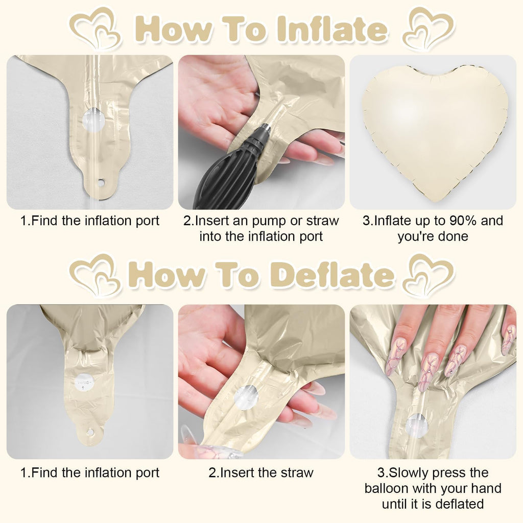 Adorely Cream White & Caramel Heart Foil Balloons – 12 Pack, 18 Inch