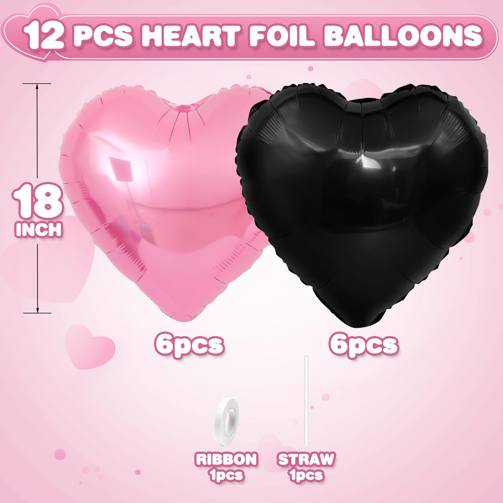 Adorely Pink & Black Heart Balloons – 12Pcs 18-Inch Foil Hearts for Baby Shower, Birthday & Weddings