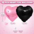 Adorely Pink & Black Heart Balloons – 12Pcs 18-Inch Foil Hearts for Baby Shower, Birthday & Weddings