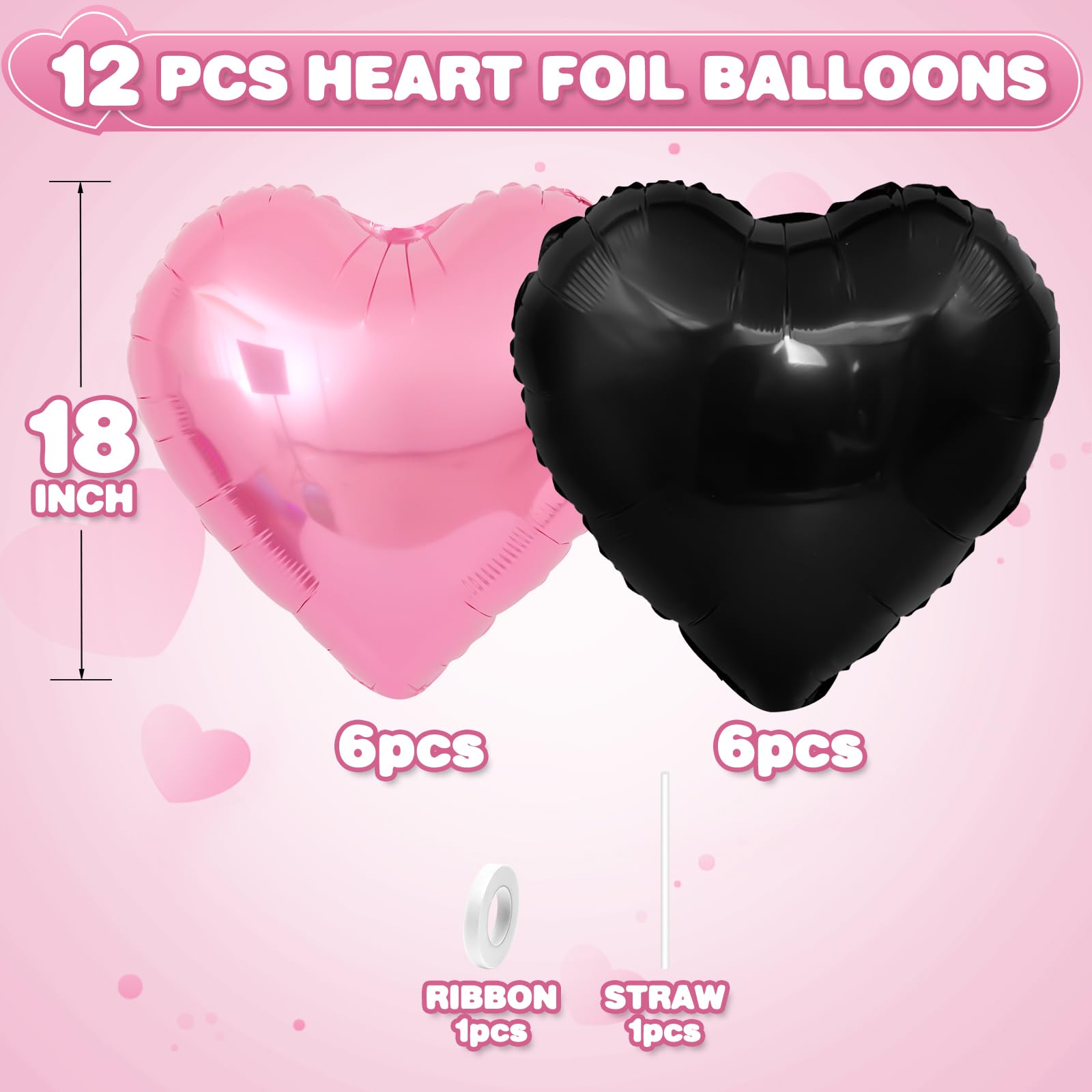 Adorely Pink & Black Heart Balloons – 12Pcs 18-Inch Foil Hearts for Baby Shower, Birthday & Weddings