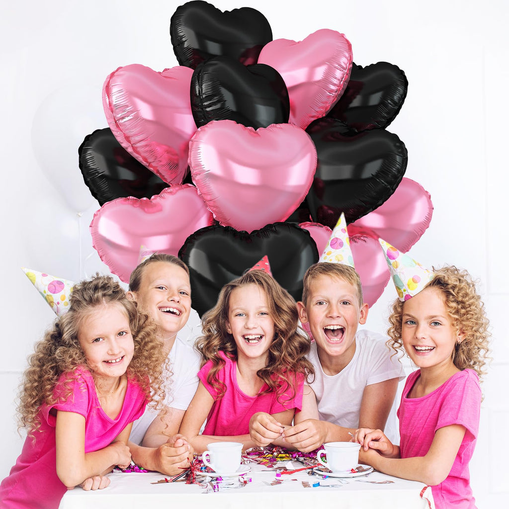 Adorely Pink & Black Heart Balloons – 12Pcs 18-Inch Foil Hearts for Baby Shower, Birthday & Weddings