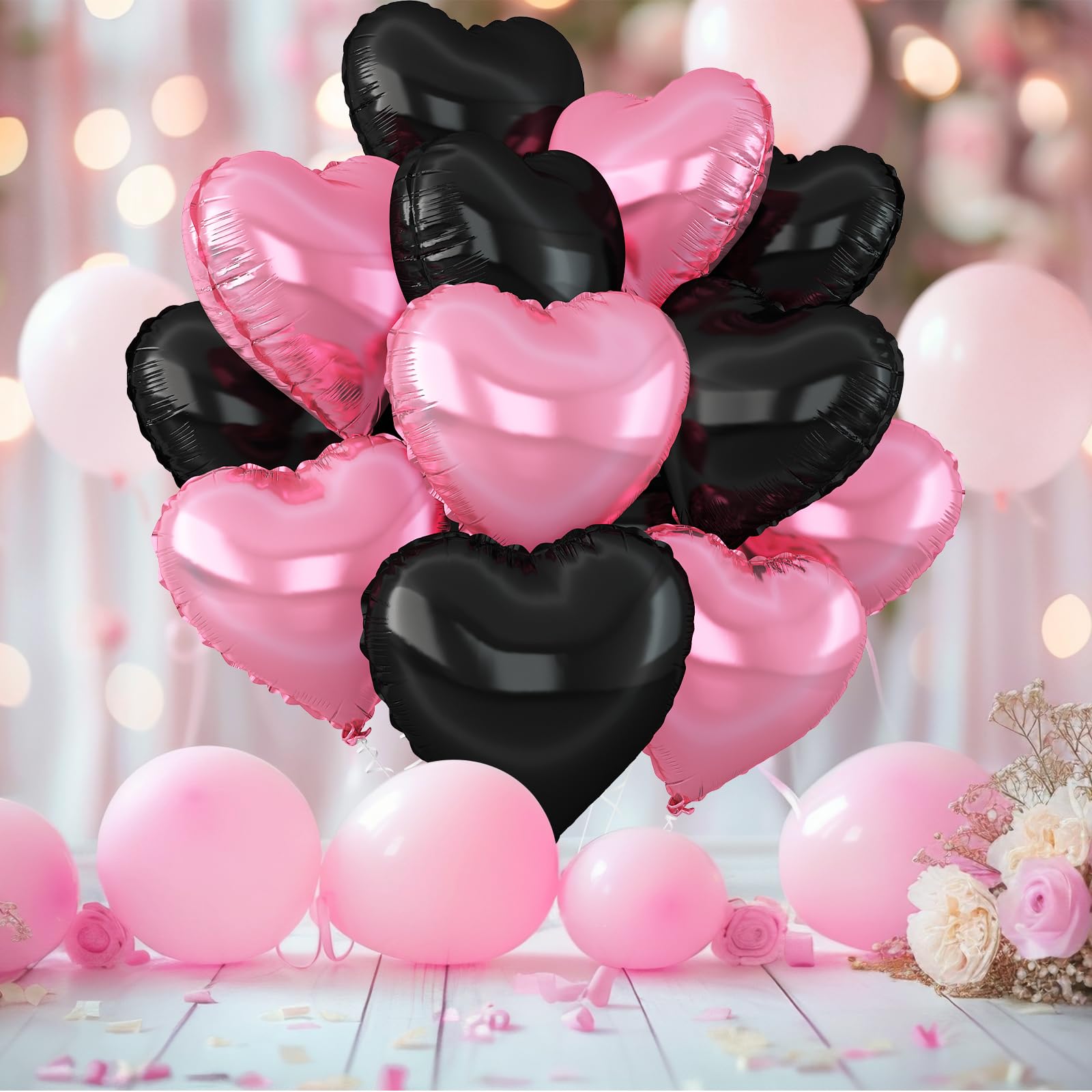 Adorely Pink & Black Heart Balloons – 12Pcs 18-Inch Foil Hearts for Baby Shower, Birthday & Weddings