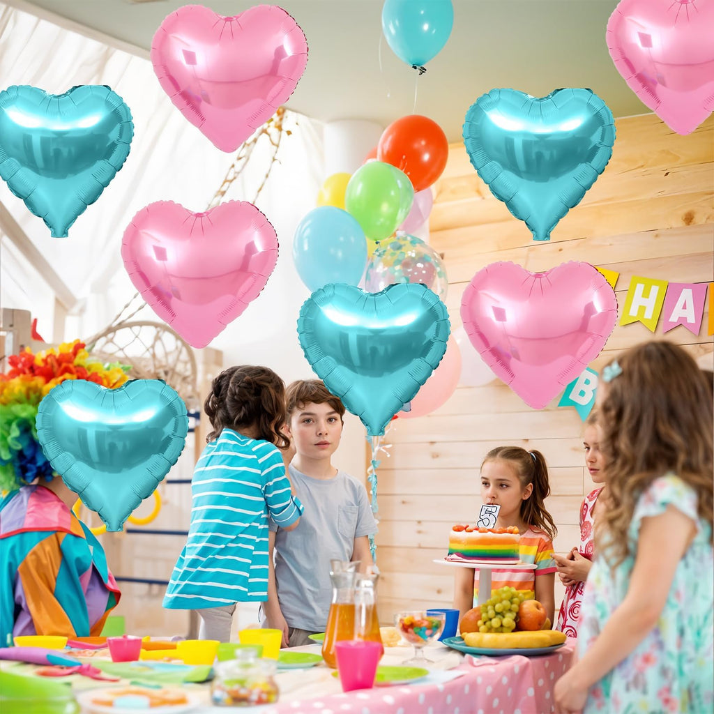 Adorely Pink & Teal Heart Foil Balloons – 18in Heart Balloons for Mermaid Birthday, Baby Shower & Party Decor