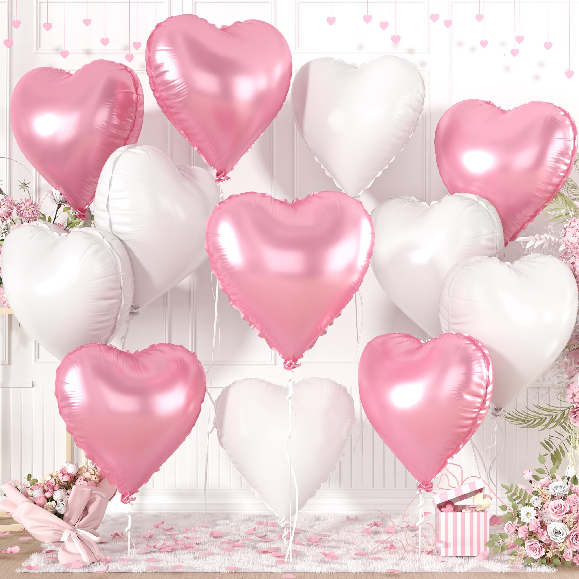 Adorely Pink & White Heart Foil Balloons, 12Pcs, 18-Inch – Ideal for Baby Showers, Birthdays, Weddings