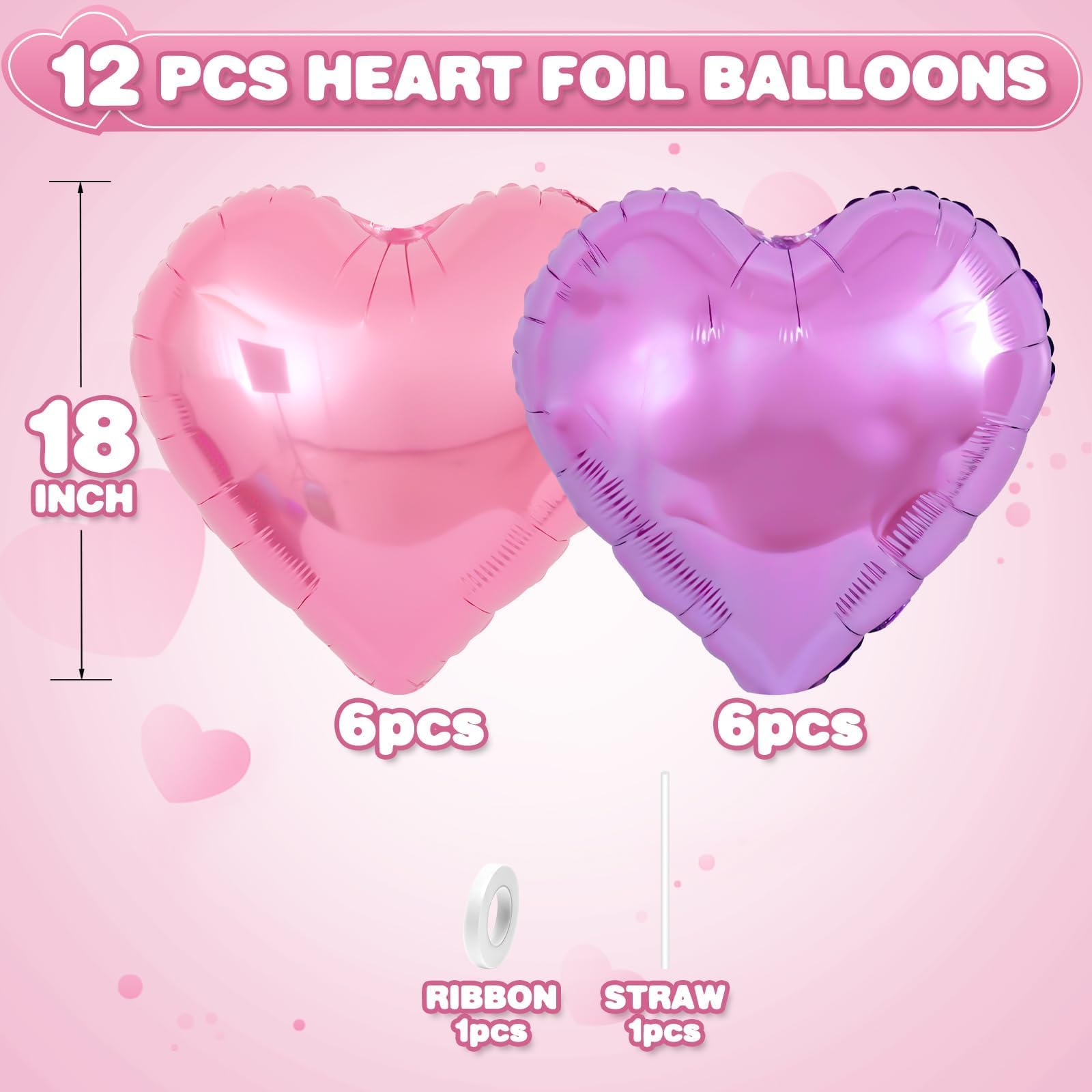 Adorely Pink & Purple Heart Foil Balloons – 12Pcs, 18in, for Baby Showers & Parties
