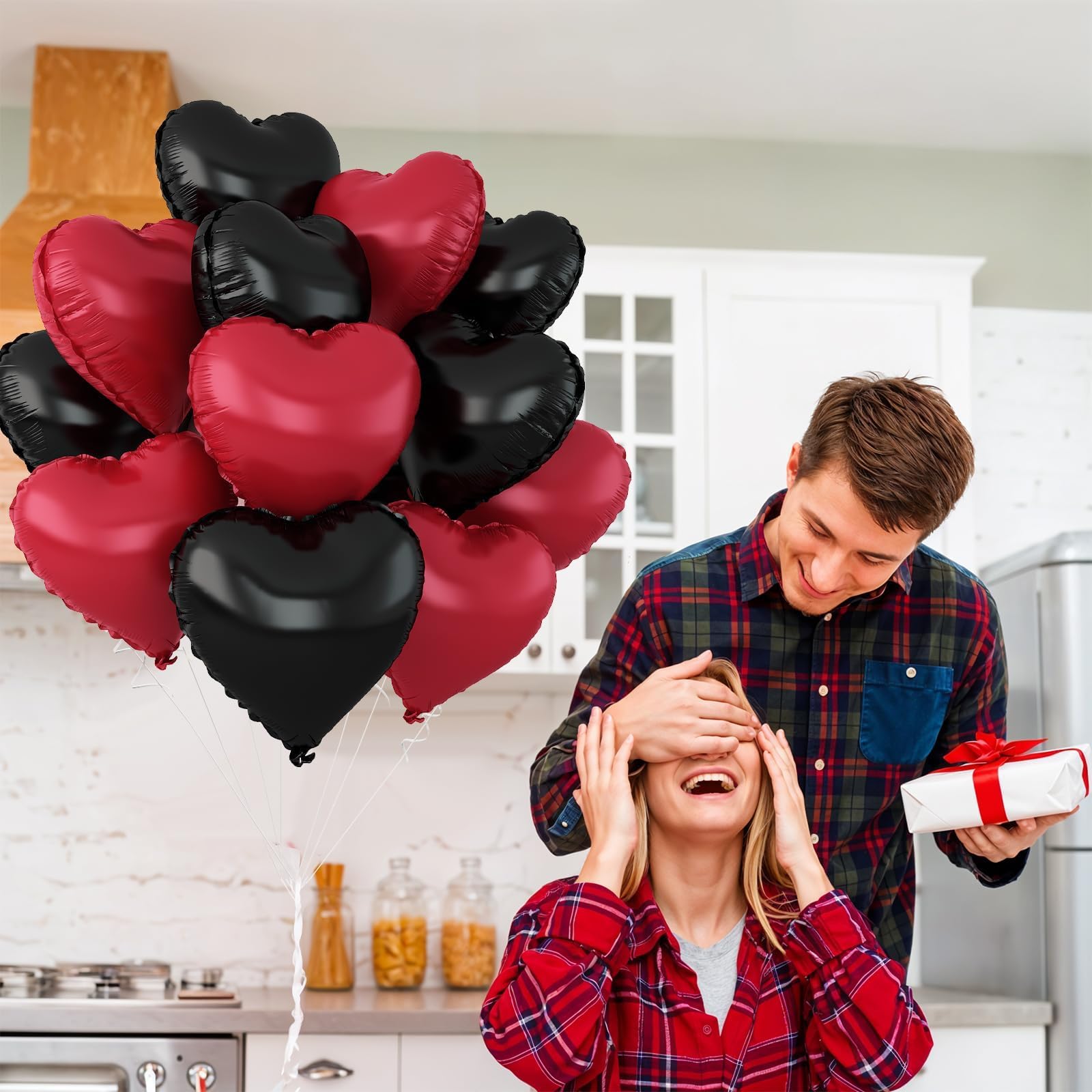 Adorely Black & Metallic Red Heart Foil Balloons – 12pc, 18-Inch for Weddings, Birthdays, Valentines Day