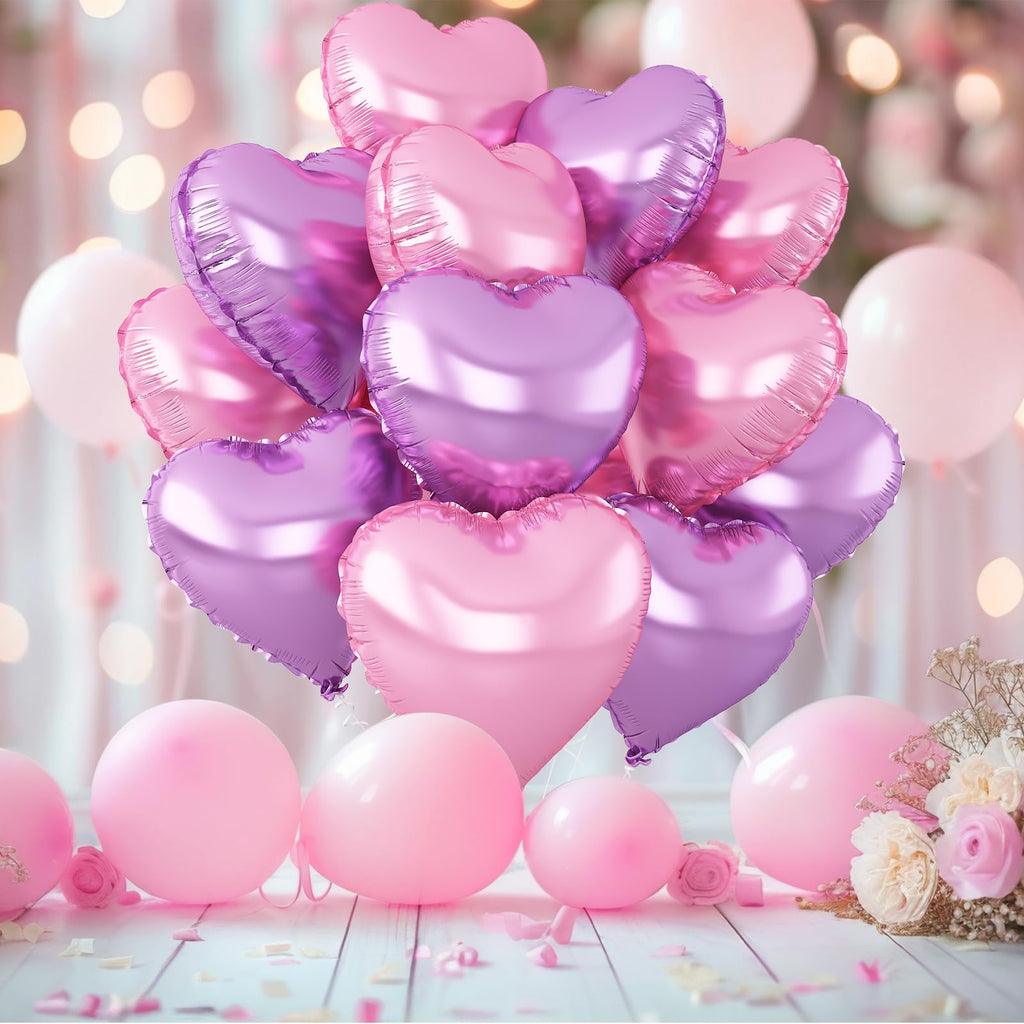 Adorely Pink & Purple Heart Foil Balloons – 12Pcs, 18in, for Baby Showers & Parties