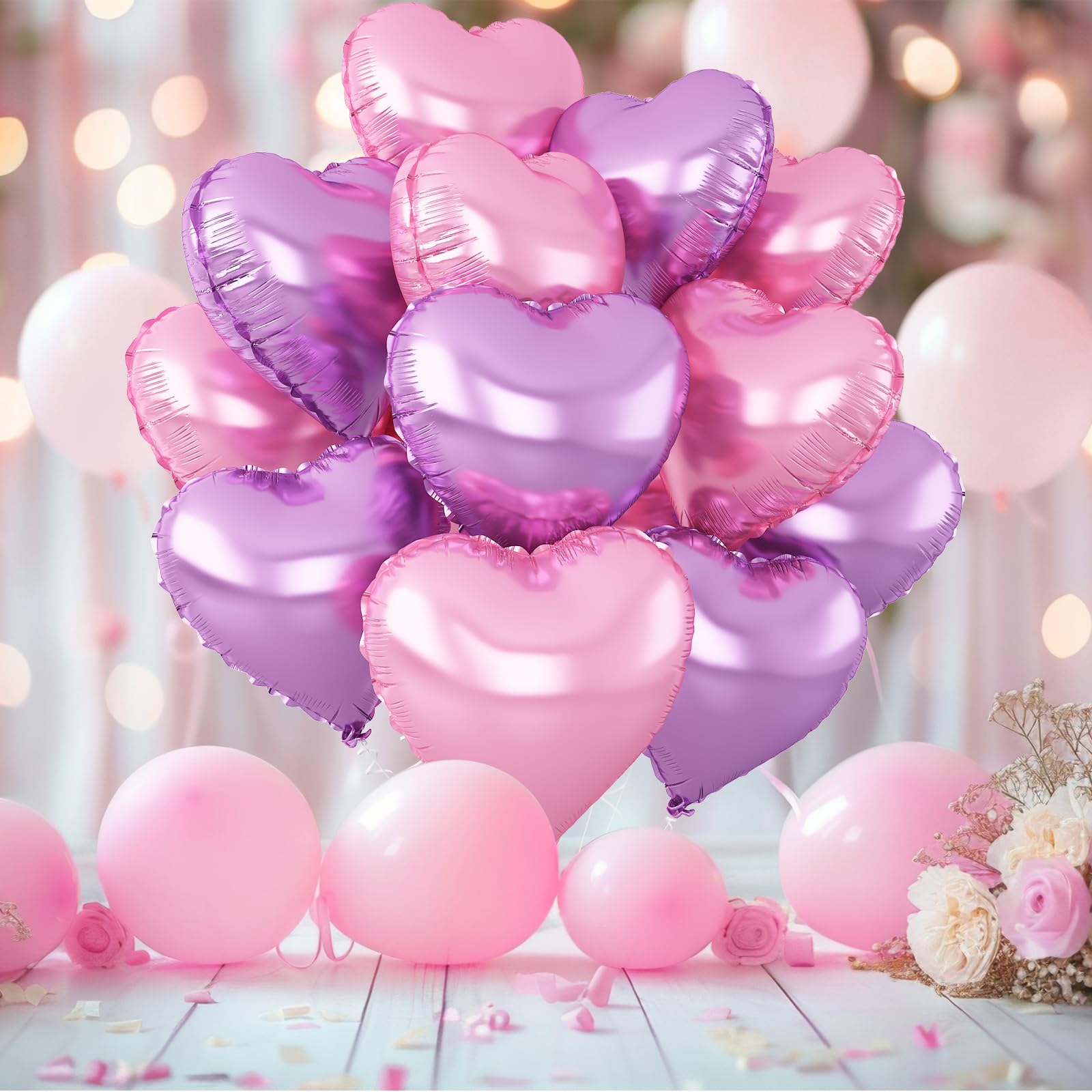 Adorely Pink & Purple Heart Foil Balloons – 12Pcs, 18in, for Baby Showers & Parties
