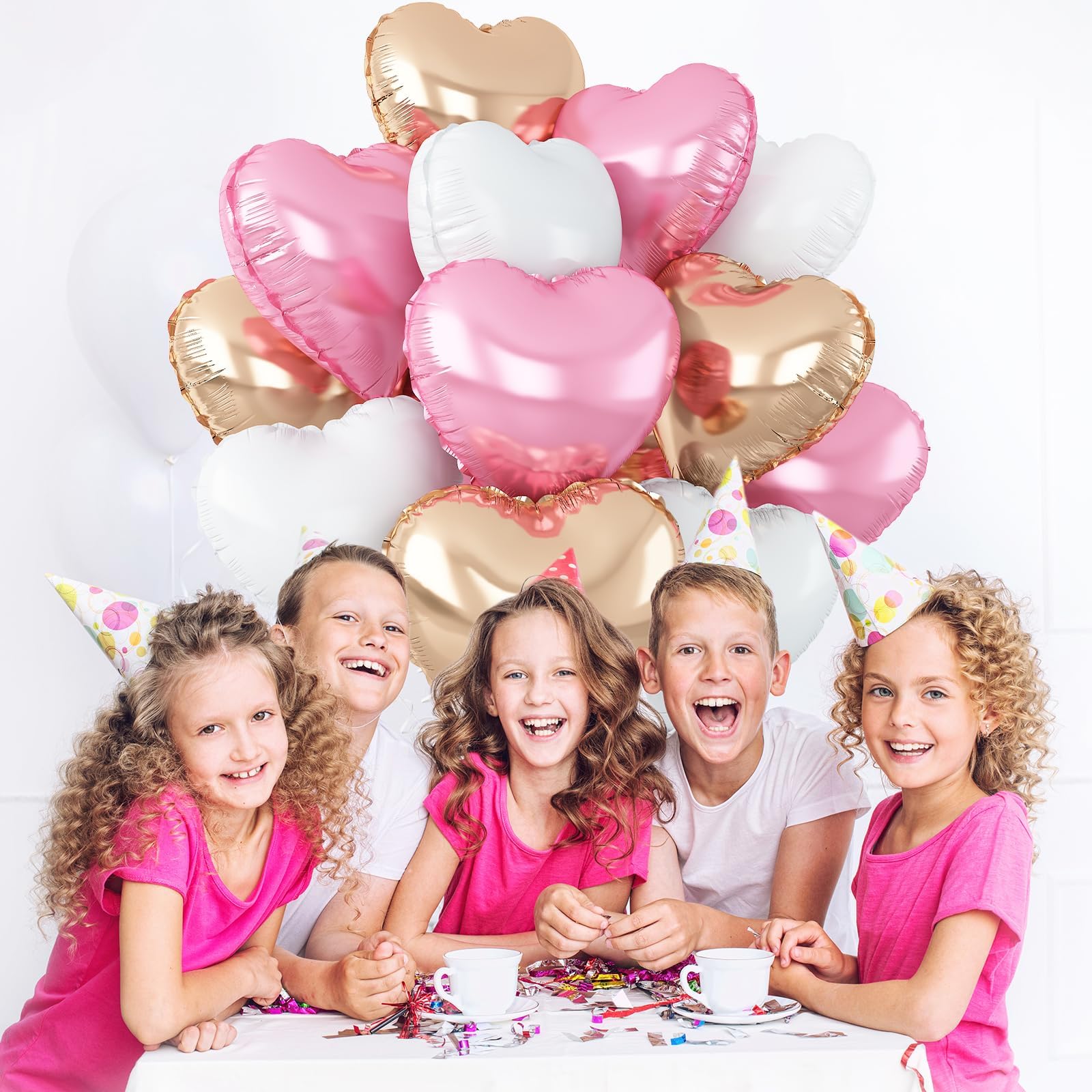 Adorely Pink & White Heart Balloons – 12Pcs Rose Gold Foil Hearts, 18-Inch