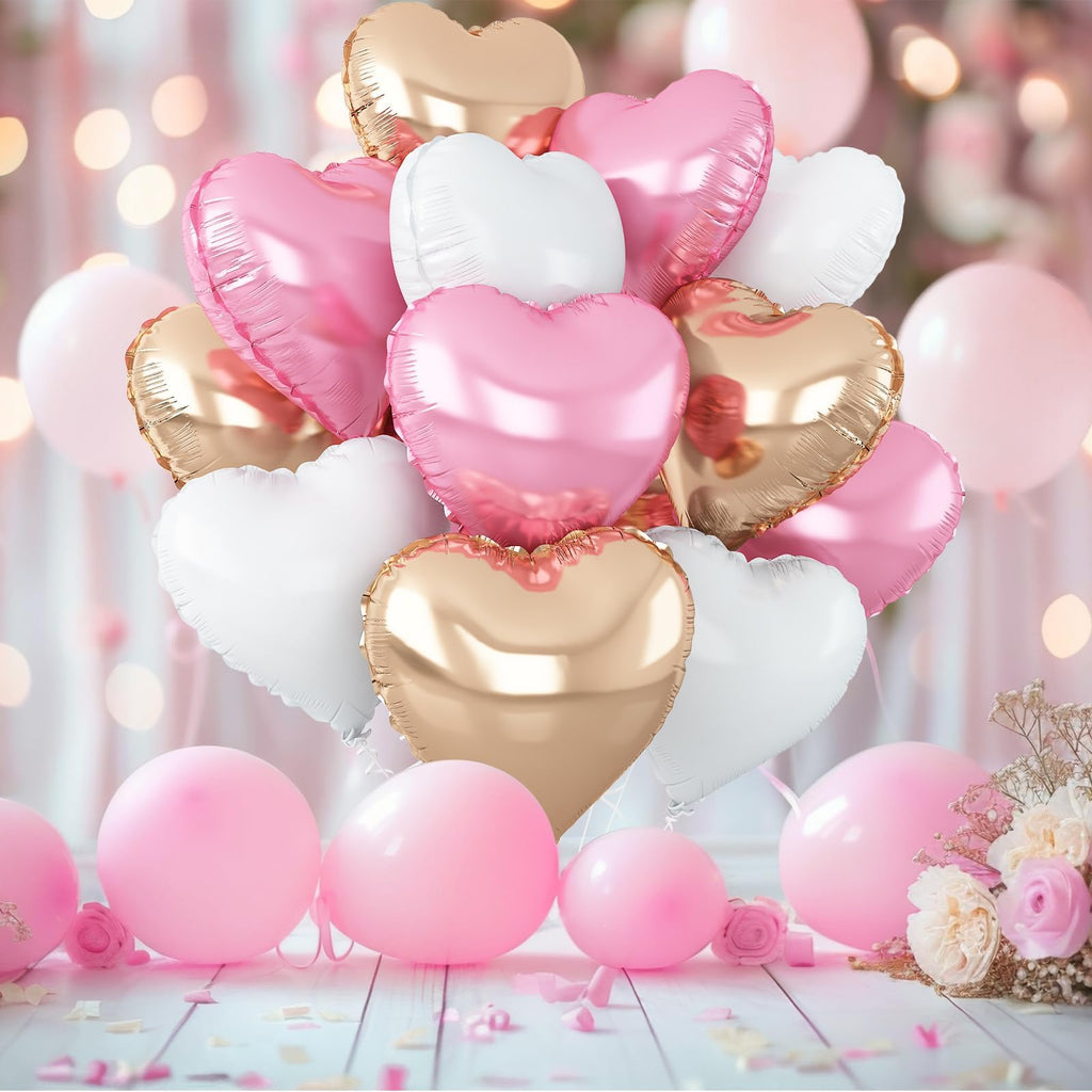 Adorely Pink & White Heart Balloons – 12Pcs Rose Gold Foil Hearts, 18-Inch