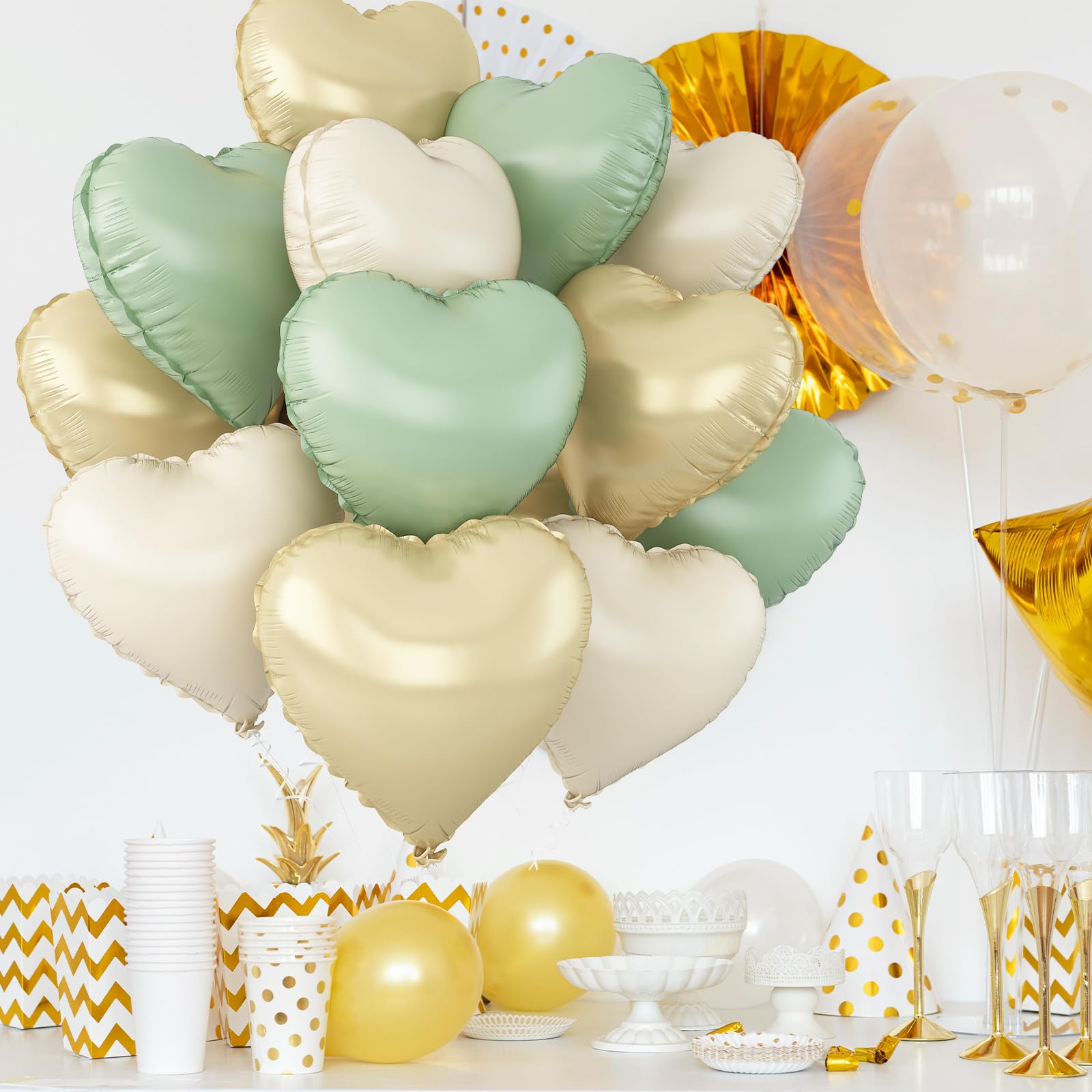 Adorely Sage Green Gold Heart Balloons – 12pc Foil Hearts, 18in Cream White