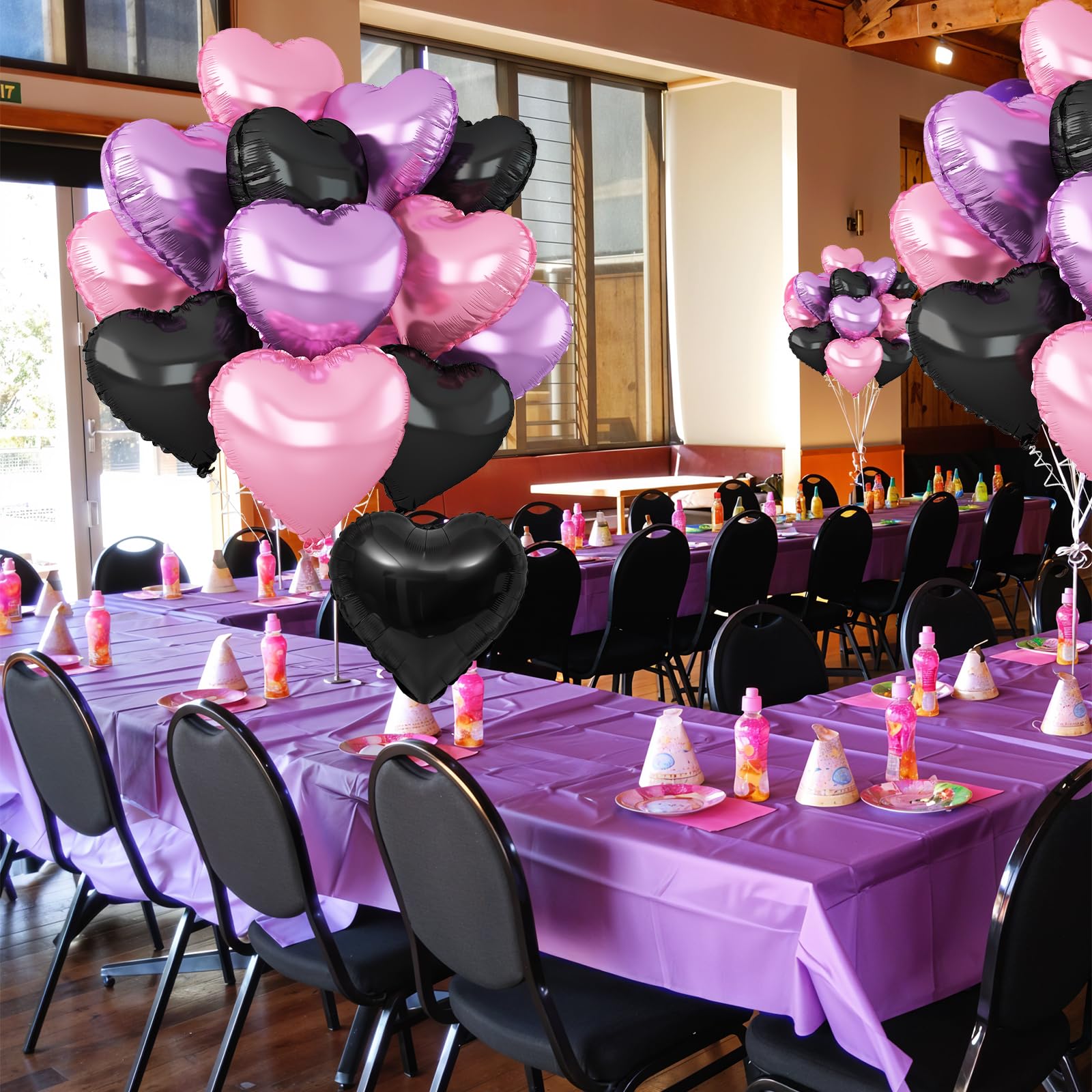 Adorely Pink & Purple Heart Foil Balloons – 12Pcs, 18-Inch, Black Pink Hearts for Baby Showers, Weddings & Parties