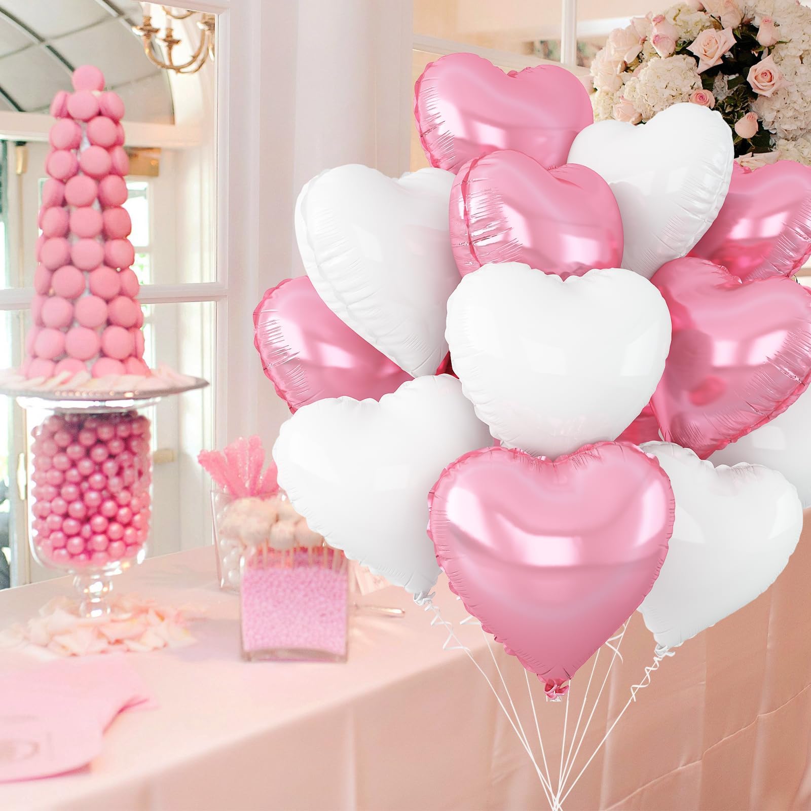 Adorely Pink & White Heart Foil Balloons, 12Pcs, 18-Inch – Ideal for Baby Showers, Birthdays, Weddings