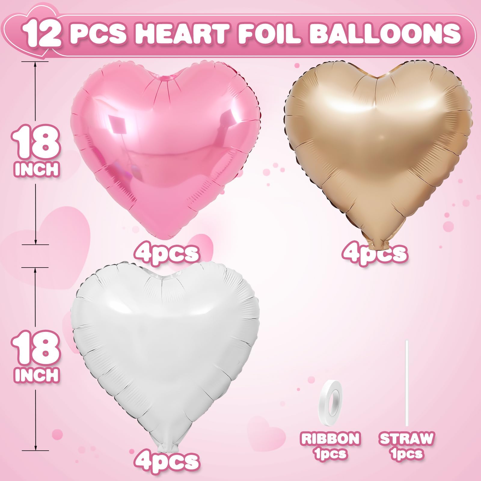Adorely Pink & White Heart Balloons – 12Pcs Rose Gold Foil Hearts, 18-Inch