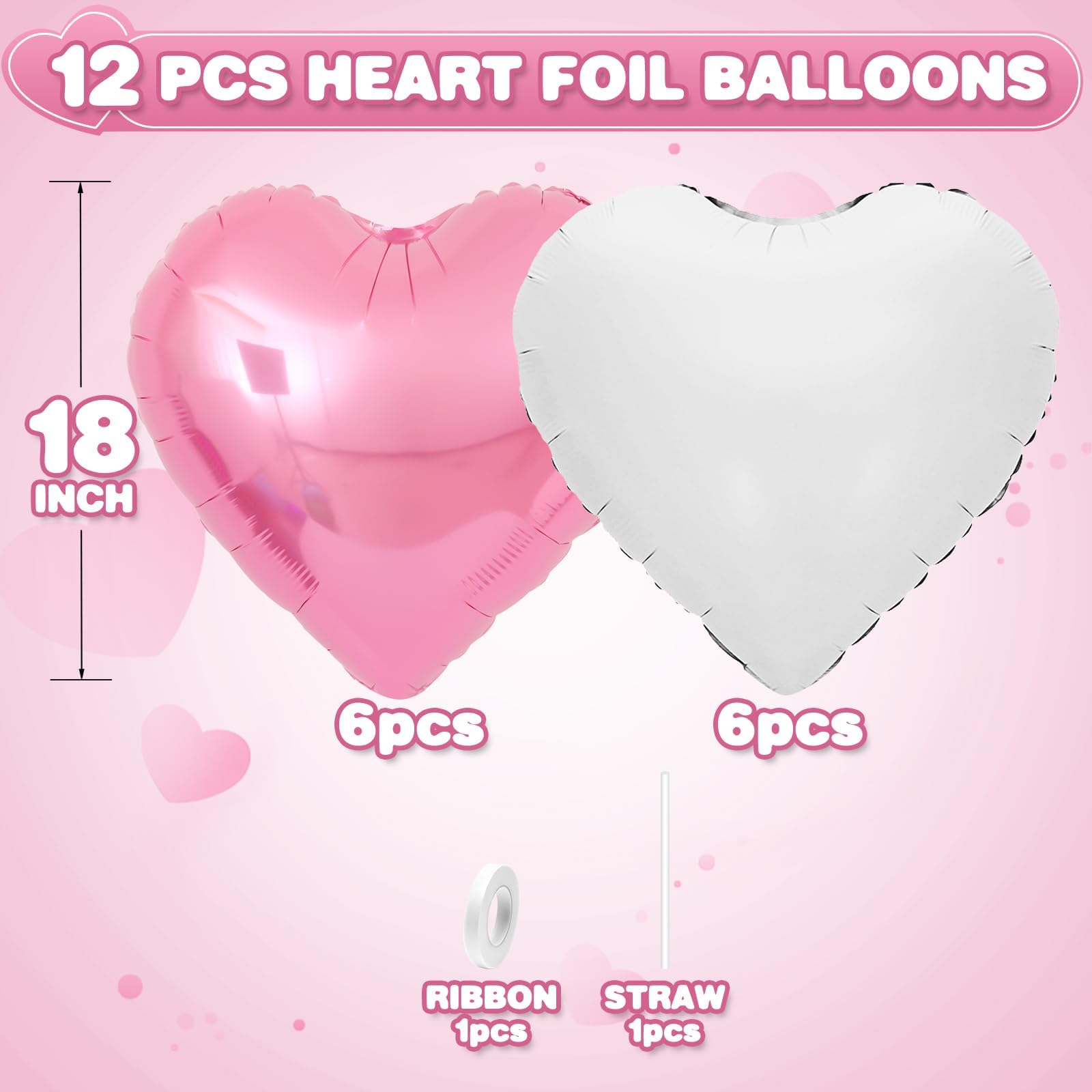 Adorely Pink & White Heart Foil Balloons, 12Pcs, 18-Inch – Ideal for Baby Showers, Birthdays, Weddings