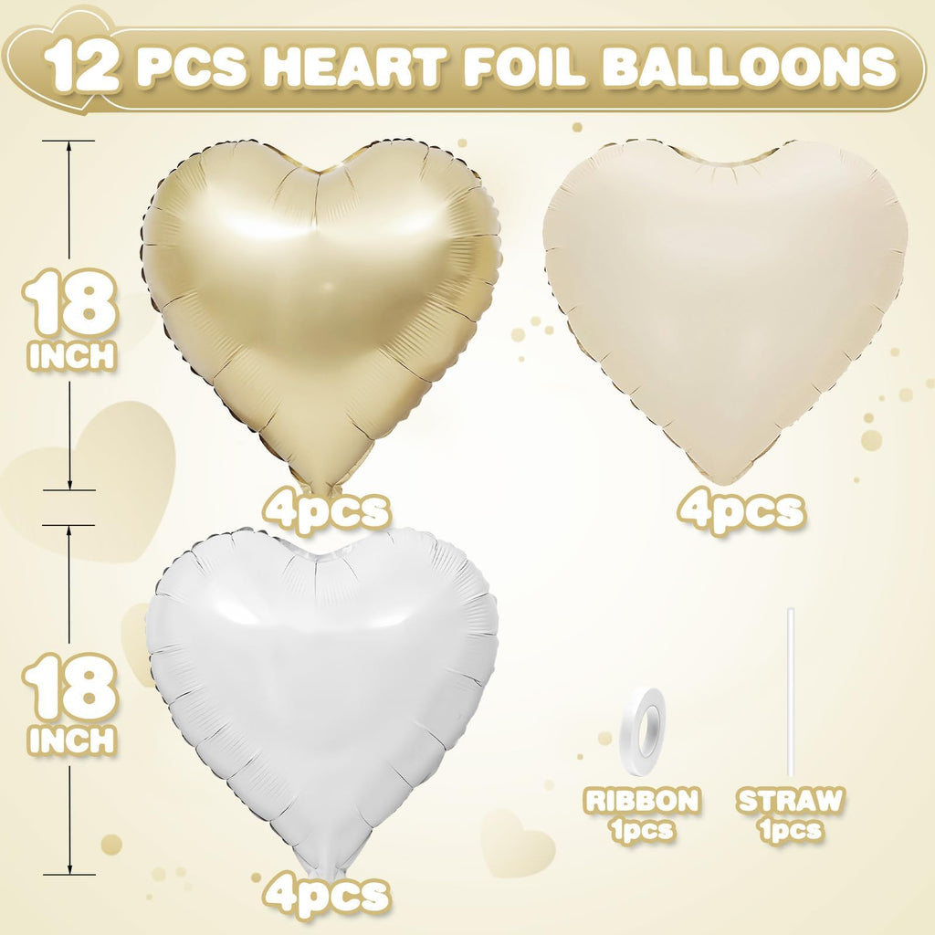 Adorely Cream White Heart Balloons – 12pc Beige Gold Foil Hearts, 18-Inch Boho Party Decor