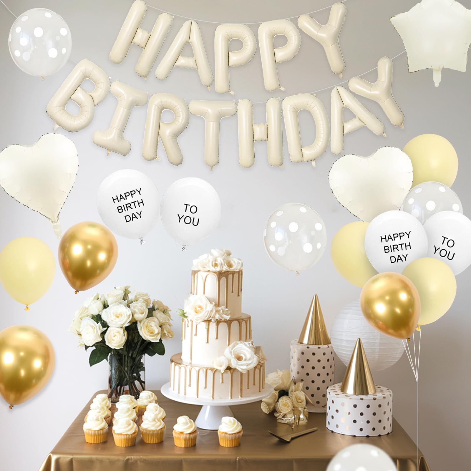 Adorely Pastel Yellow Birthday Decorations – Happy Birthday Banner & Heart Star Foil Balloons