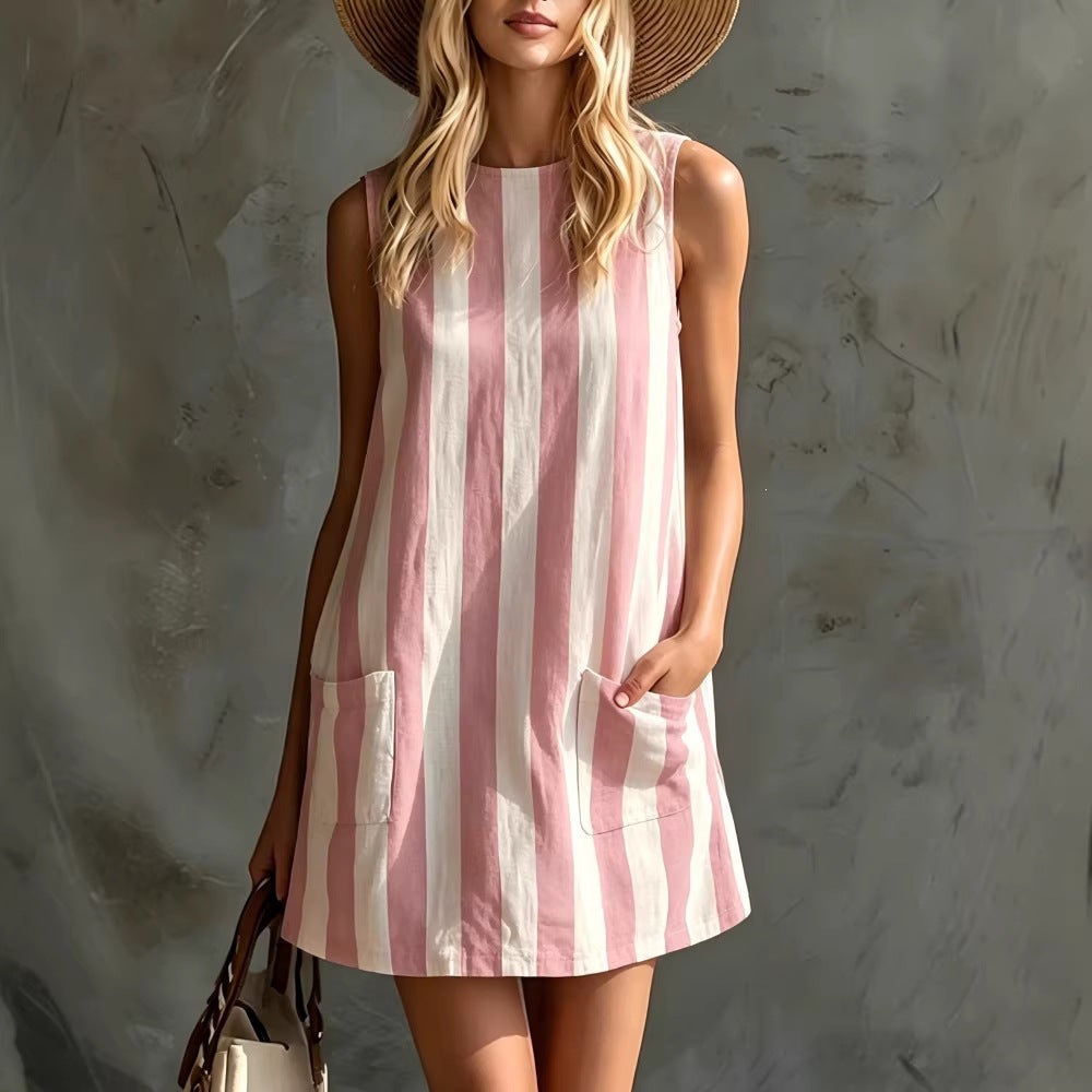 Women's Retro Striped Sleeveless Crew-Neck Cotton-Linen Mini Dress