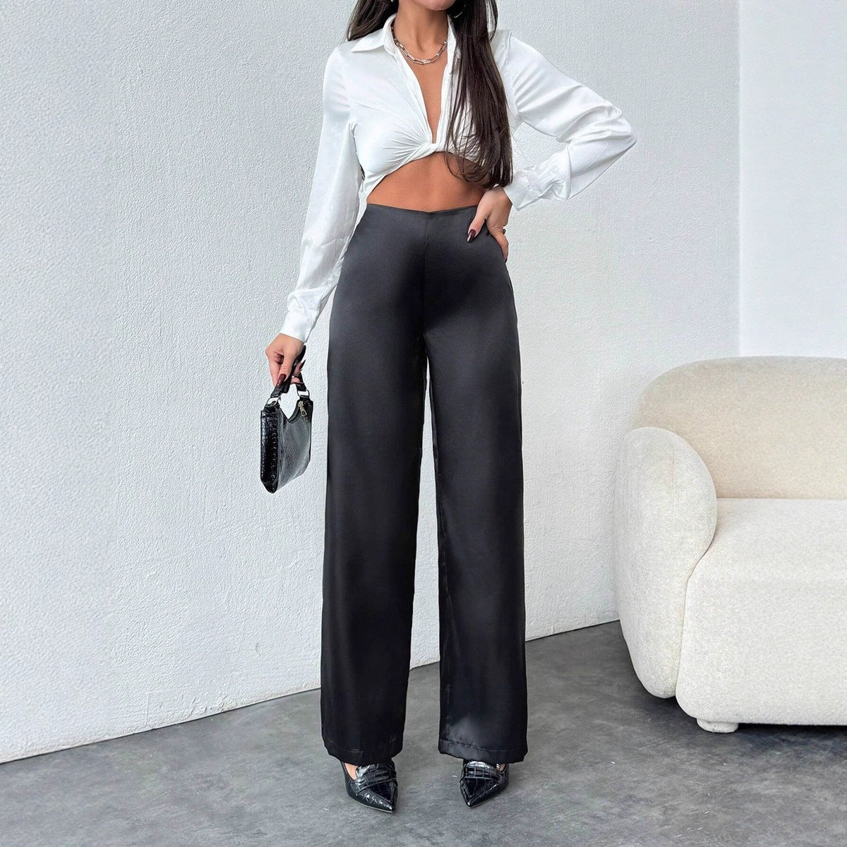 Women's Solid-Colored Casual Loose Satin Wide-Leg Pants