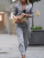 Denim Tie Long Sleeve Top & High Waist Pants Set