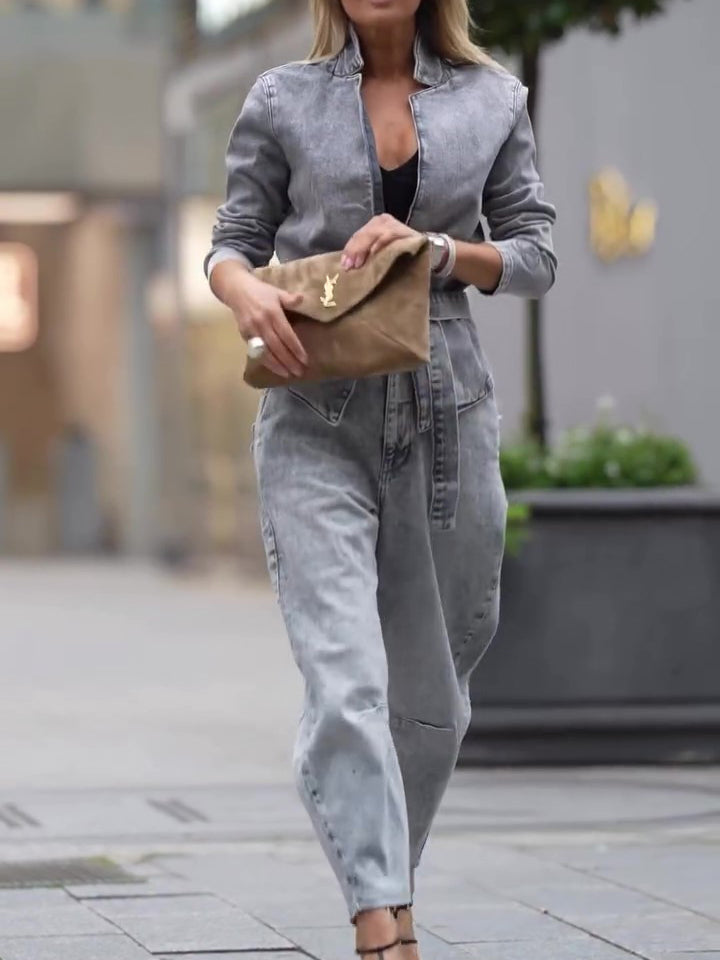 Denim Tie Long Sleeve Top & High Waist Pants Set
