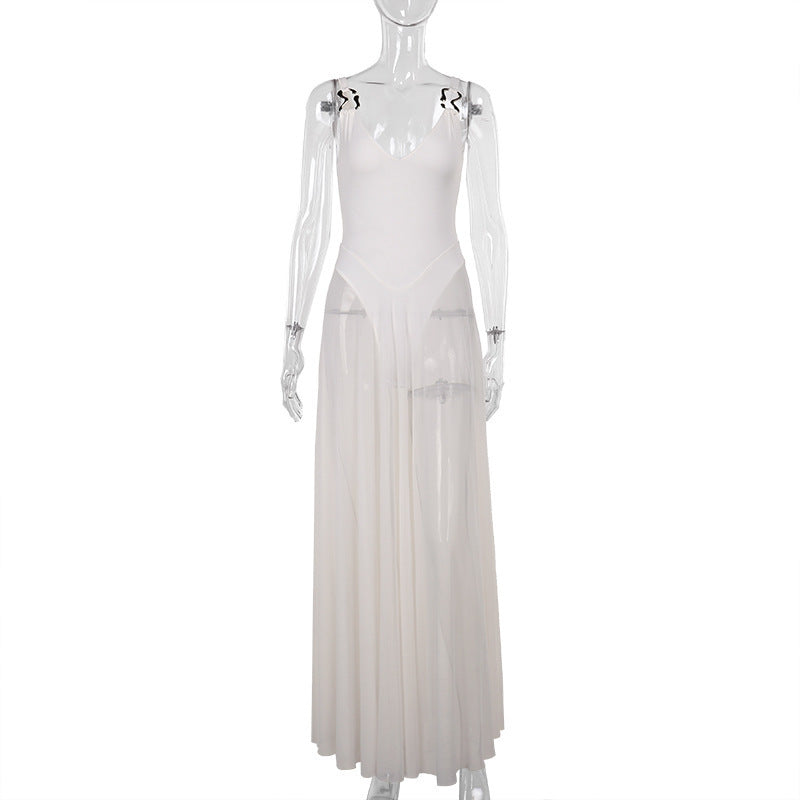 Women's Solid-Color Elegant Resort Bodycon Mesh A-Line Dress