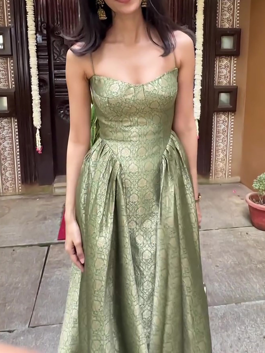 Elegant Green Ethnic Print Sleeveless Dress