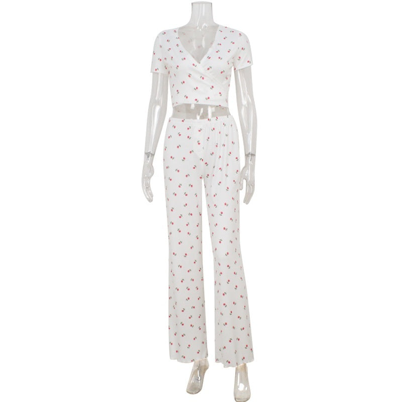 Women's Casual Short-Sleeve Tie-Dye Printed Top And Fashionable Ruffle-Trimmed Pants Set