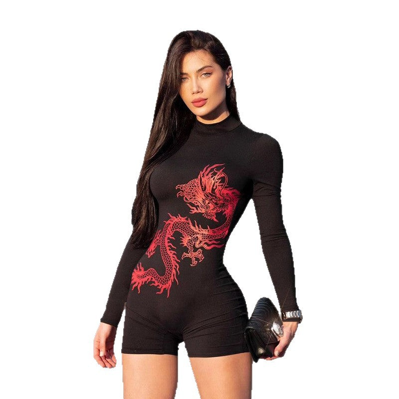 Personalized Dragon-print Jumpsuit With A Mock Turtleneck And A Slim Fit