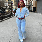 Striped Color-block Long-sleeve Top And Flared-leg Casual Pants Set
