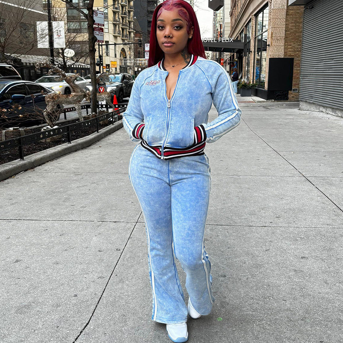 Striped Color-block Long-sleeve Top And Flared-leg Casual Pants Set