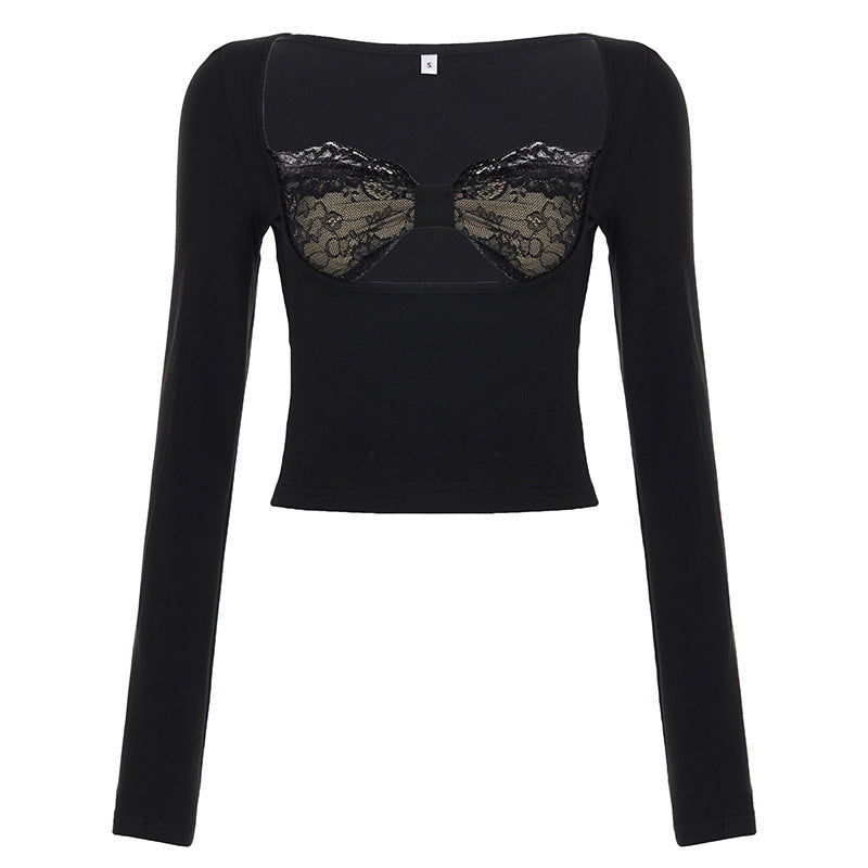 Lace-Panel Fake Two-Piece Hollow-out Long-Sleeve Top For Women