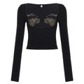Lace-Panel Fake Two-Piece Hollow-out Long-Sleeve Top For Women