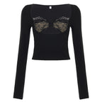 Lace-Panel Fake Two-Piece Hollow-out Long-Sleeve Top For Women